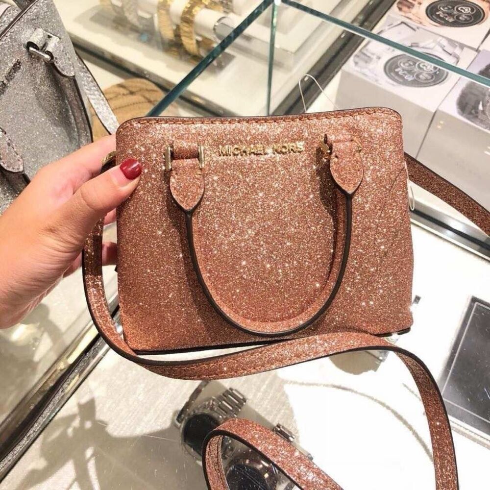NWT Michael Kors Giftables Savannah mini satchel crossbody Glitter rose gold New